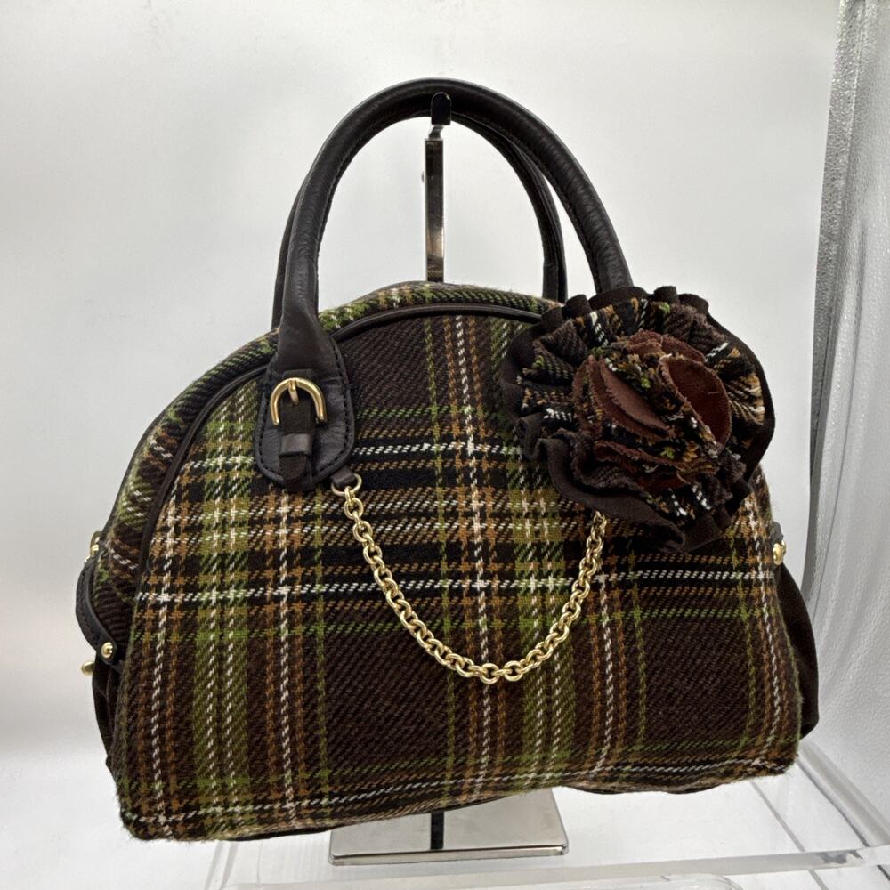 JUICY COUTURE Vintage Y2K Brown Green Tweed Plaid Wool Bowler Handbag Purse
